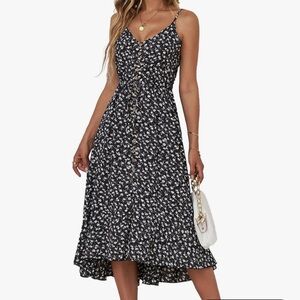 Black Floral Midi Dress with White Print